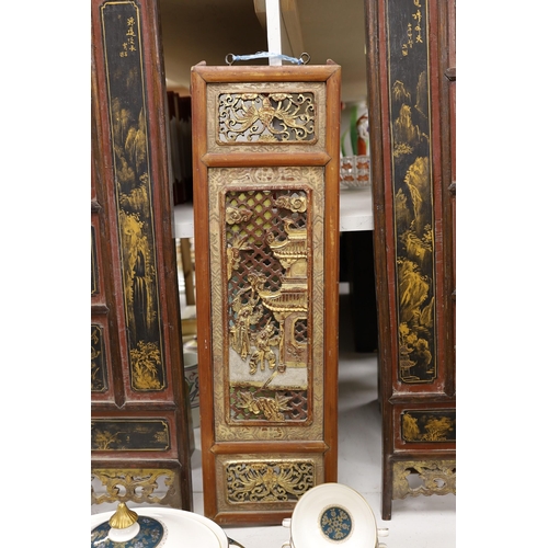 1351 - A pair of late 19th century Chinese gilt-decorated lacquer panels and a similar smaller rectangular ... 