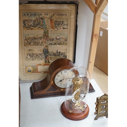 1359 - An early 20th century inlaid mahogany mantel clock, a skeleton clock under glass dome, a brass desk ... 