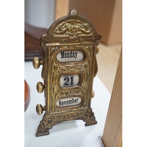 1359 - An early 20th century inlaid mahogany mantel clock, a skeleton clock under glass dome, a brass desk ... 