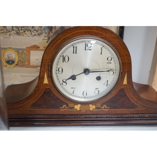 1359 - An early 20th century inlaid mahogany mantel clock, a skeleton clock under glass dome, a brass desk ... 