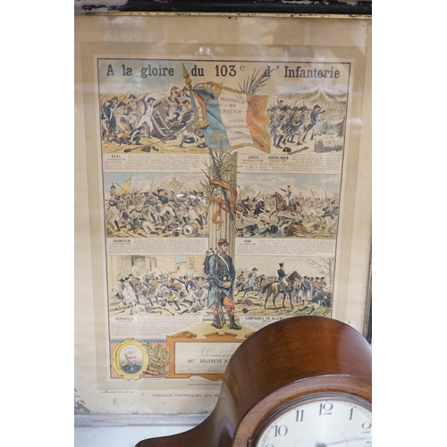 1359 - An early 20th century inlaid mahogany mantel clock, a skeleton clock under glass dome, a brass desk ... 