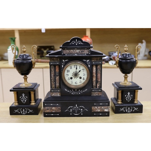 1363 - A black slate and marble clock garniture, c. 1890, clock 33cms high