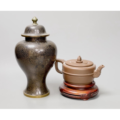 1364 - A Chinese cloisonné enamel vase and cover, 25cm tall, and a Chinese Yixing redware teapot