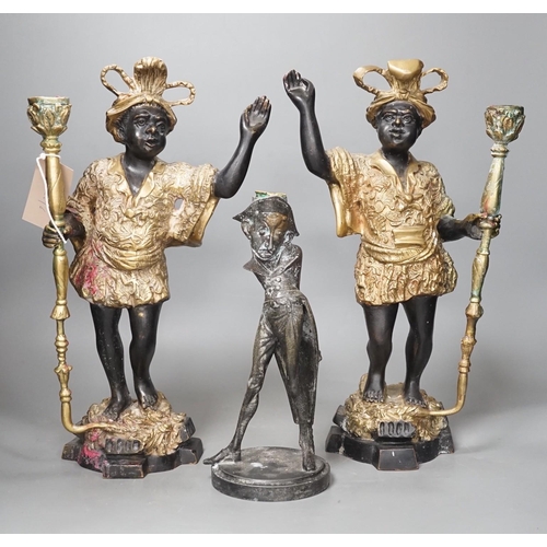 1366 - A pair of bronze blackamoor candlesticks and one other spelter figural candlestick, tallest 39cm... 