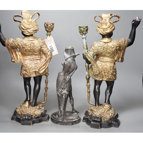 1366 - A pair of bronze blackamoor candlesticks and one other spelter figural candlestick, tallest 39cm... 