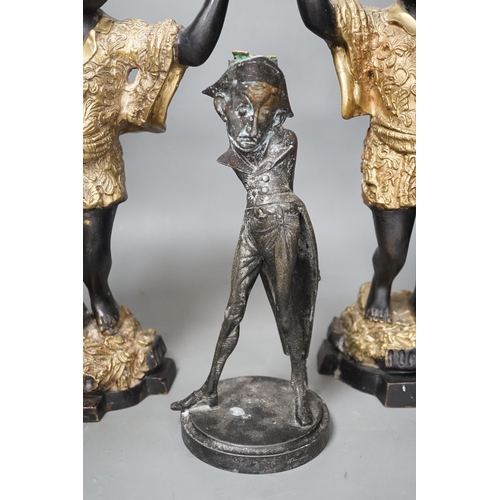 1366 - A pair of bronze blackamoor candlesticks and one other spelter figural candlestick, tallest 39cm... 