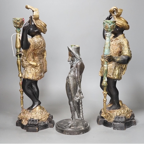 1366 - A pair of bronze blackamoor candlesticks and one other spelter figural candlestick, tallest 39cm... 