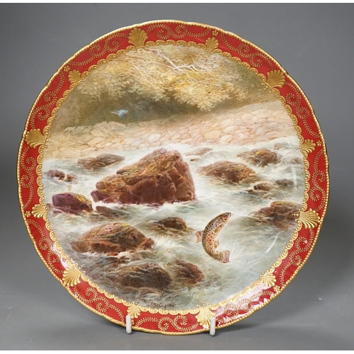 1367 - Joseph Birbeck Senior for Cauldon, a cabinet plate painted with a leaping salmon, signed, 22cm diame... 