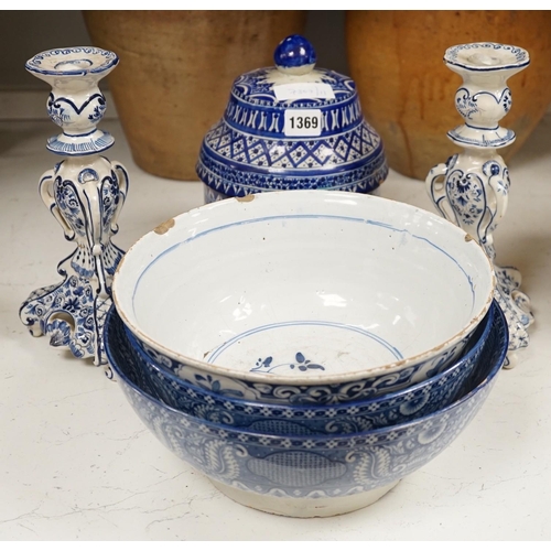 1369 - A pair of Delft blue and white candlesticks together with an 18th century Delft bowl, a Moroccan pot... 