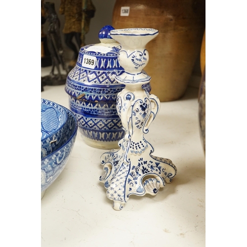 1369 - A pair of Delft blue and white candlesticks together with an 18th century Delft bowl, a Moroccan pot... 