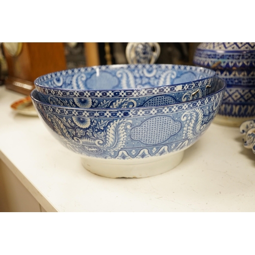 1369 - A pair of Delft blue and white candlesticks together with an 18th century Delft bowl, a Moroccan pot... 