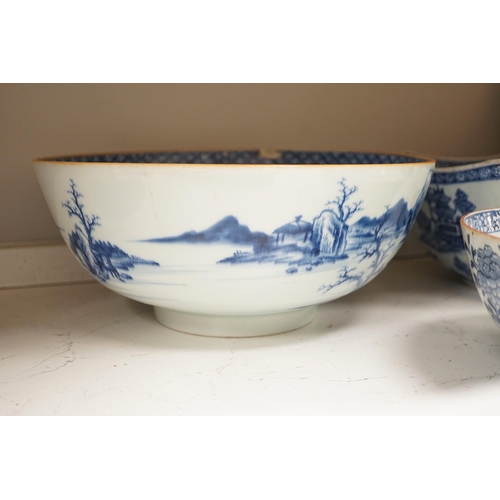 1373 - A selection of 18th century blue and white Chinese export bowls and dishes, largest 31cm diameter... 