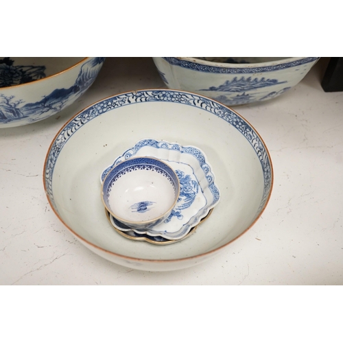 1373 - A selection of 18th century blue and white Chinese export bowls and dishes, largest 31cm diameter... 