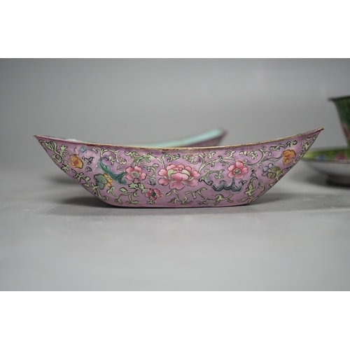 1388 - A pair of Chinese Canton enamel boat-shaped dishes, Qianlong; and a Canton enamel bowl and stand (4)... 