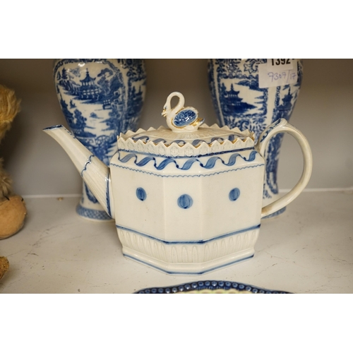 1392 - A pair of 19th century blue and white chinoiserie vases, a pearlware teapot, possibly Harley of Lane... 