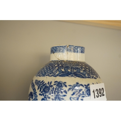 1392 - A pair of 19th century blue and white chinoiserie vases, a pearlware teapot, possibly Harley of Lane... 