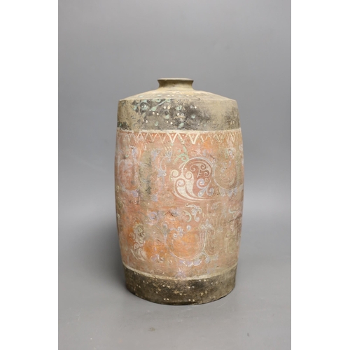 1399 - A Chinese pigment painted grey pottery jar, Han dynasty (200BCE - 220CE), 29cm high Provenance- the ... 