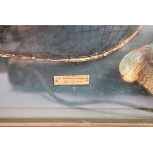 1402 - A cased fishing display case of a Rainbow Trout centred around angling ephemera, 106 x 34cm