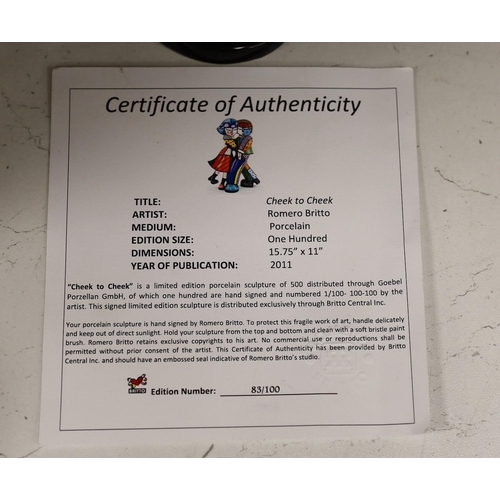 1405 - Romero Britto (Brazilian, 1963-), a ceramic statue, "Cheek to Cheek", with certificate of ... 