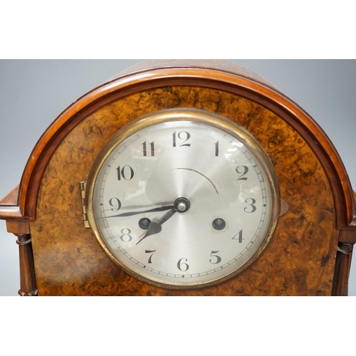 1412 - A Victorian carved oak wall timepiece and a burr walnut mantel clock