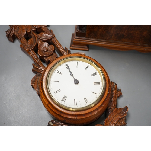 1412 - A Victorian carved oak wall timepiece and a burr walnut mantel clock