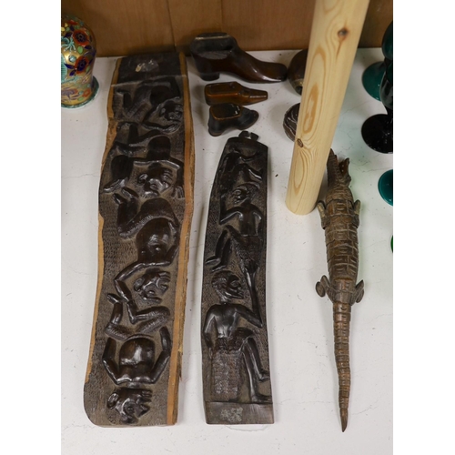 1416 - An interesting sectional wooden articulated crocodile, together with African wooden tribal carved to... 