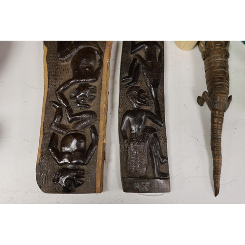 1416 - An interesting sectional wooden articulated crocodile, together with African wooden tribal carved to... 