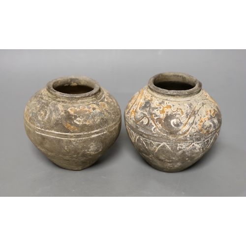 1418 - Two Chinese pigment painted grey pottery small jars, Han dynasty (200BCE - 220CE), 11cm high Provena... 