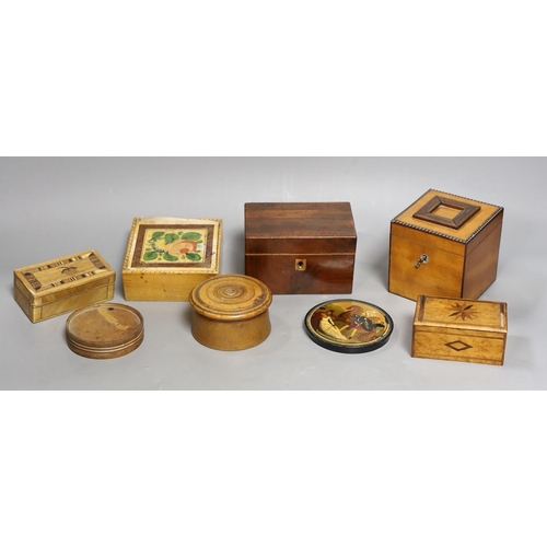 1422 - A selection of 19th century treen boxes, tallest 9cm, (7)