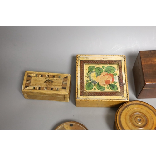 1422 - A selection of 19th century treen boxes, tallest 9cm, (7)