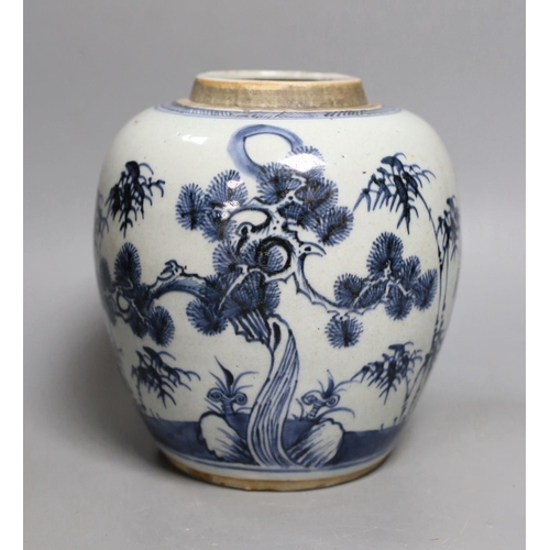 1423 - An 18th century Chinese blue and white Three Friends jar, 19cm Provenance- the owner bought items ... 