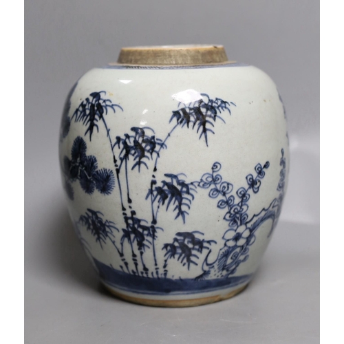 1423 - An 18th century Chinese blue and white Three Friends jar, 19cm Provenance- the owner bought items ... 