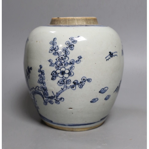 1423 - An 18th century Chinese blue and white Three Friends jar, 19cm Provenance- the owner bought items ... 