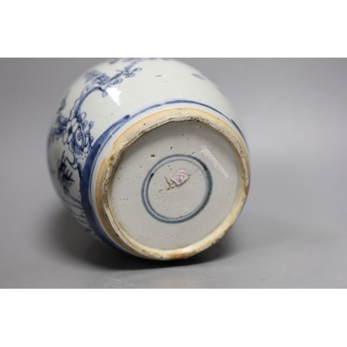 1423 - An 18th century Chinese blue and white Three Friends jar, 19cm Provenance- the owner bought items ... 