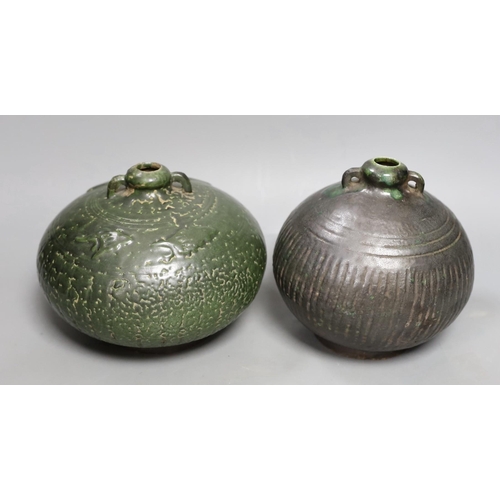 1426 - Two Thai Sawankhalok green-glazed ring handled jars, 15th-16th century, tallest 15.5cm Provenance- c... 