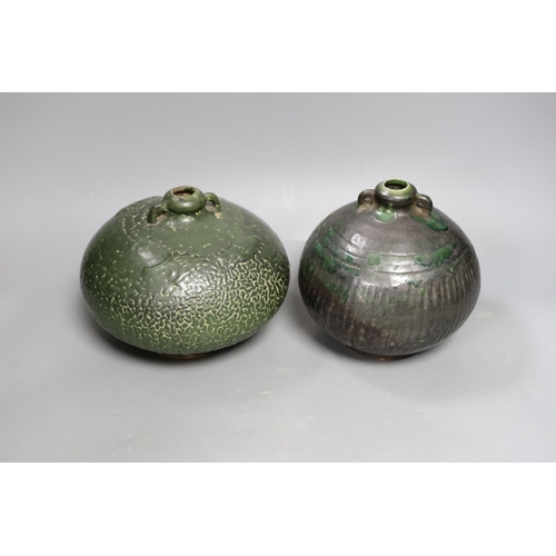 1426 - Two Thai Sawankhalok green-glazed ring handled jars, 15th-16th century, tallest 15.5cm Provenance- c... 