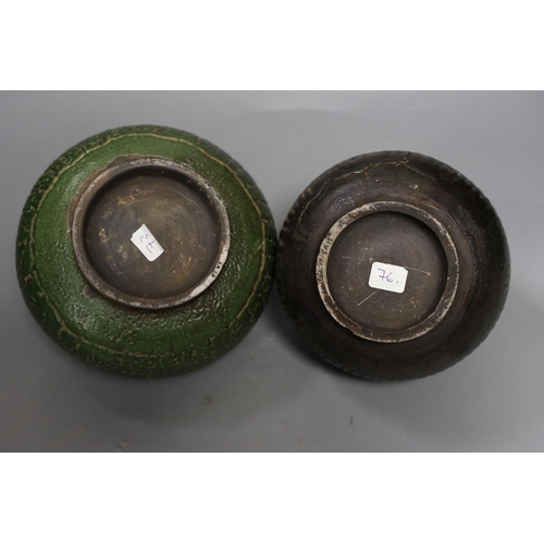 1426 - Two Thai Sawankhalok green-glazed ring handled jars, 15th-16th century, tallest 15.5cm Provenance- c... 