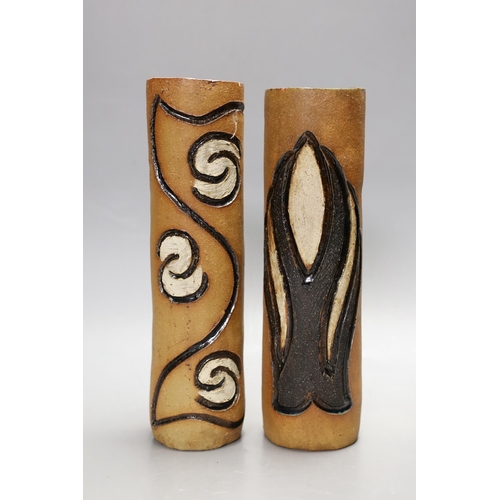 1427 - A pair of partially glazed stoneware cylindrical vases, circa 1970, 25cm high