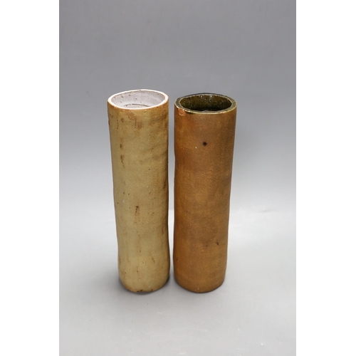 1427 - A pair of partially glazed stoneware cylindrical vases, circa 1970, 25cm high