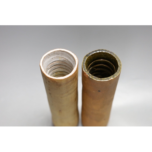 1427 - A pair of partially glazed stoneware cylindrical vases, circa 1970, 25cm high