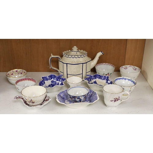 1429 - A selection of 18th century and later English porcelain tea bowls, a pair of Spode pickle dishes, an... 