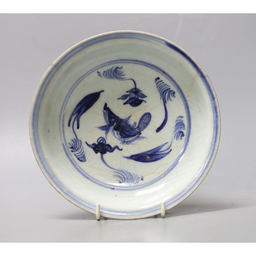 1431 - A Chinese late Ming blue and white saucer dish, 16th century, 17cm diameter Provenance- collected by... 