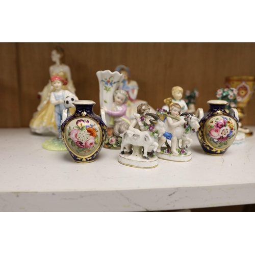 1435 - A selection of various miniature ceramics and figurines, to include Royal Crown Derby two handled va... 