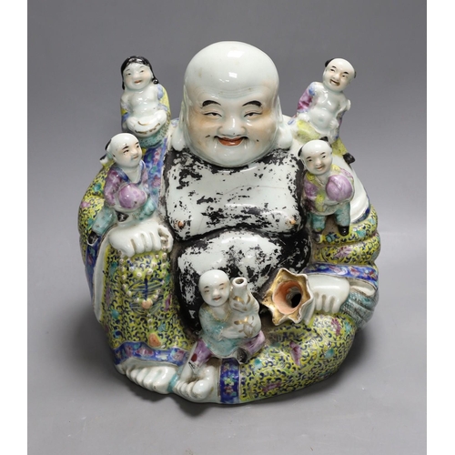 1437 - An early 20th century enamelled porcelain figure group of a seated Budai and children, 27.5cm high... 