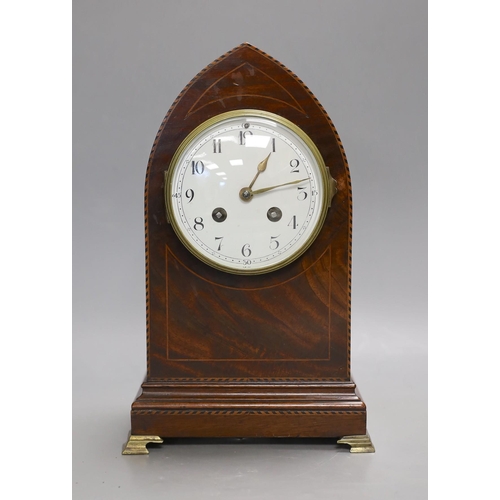 1438 - An Edwardian strung mahogany veneered lancet mantel clock, 28.5cm high