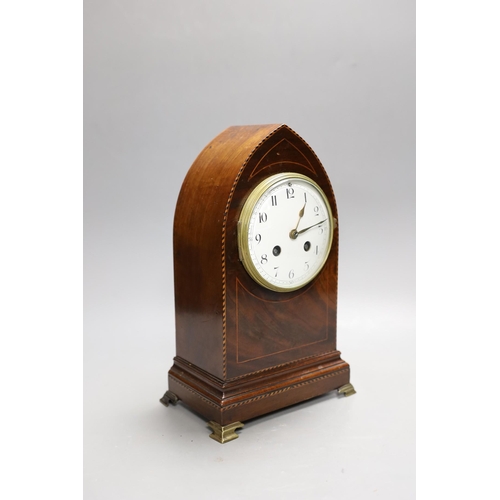 1438 - An Edwardian strung mahogany veneered lancet mantel clock, 28.5cm high