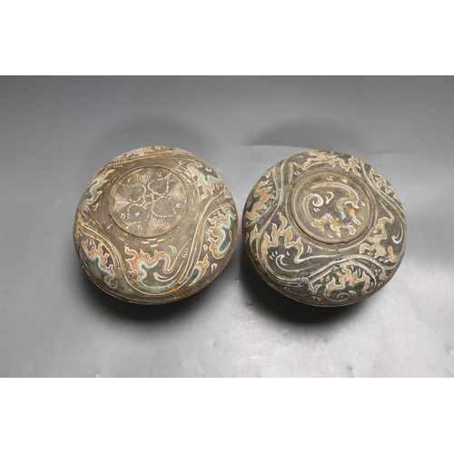 1439 - Two Chinese pigment painted grey pottery boxes and covers, Han dynasty (200BCE - 220CE), 12cm high P... 