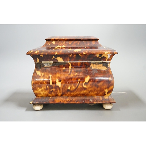 1450 - A Victorian tortoiseshell and ivory mounted tea caddy, 18cms high Ivory submission reference: WY51HA... 