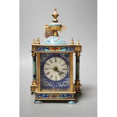 1451 - A cloisonné enamel mantel clock, with quartz movement, 22cm