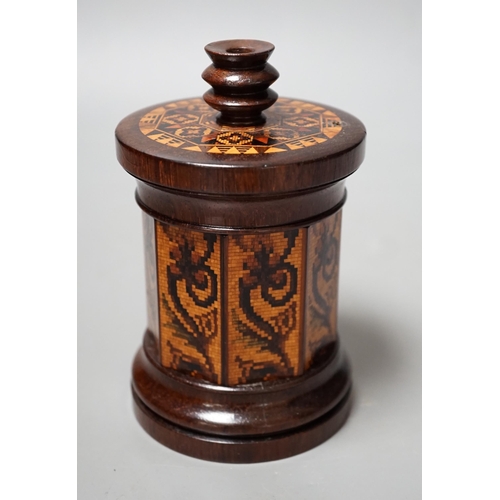 1452 - A Tunbridge ware rosewood tesserae mosaic sewing thread box with taperstick top, 13.5cm high